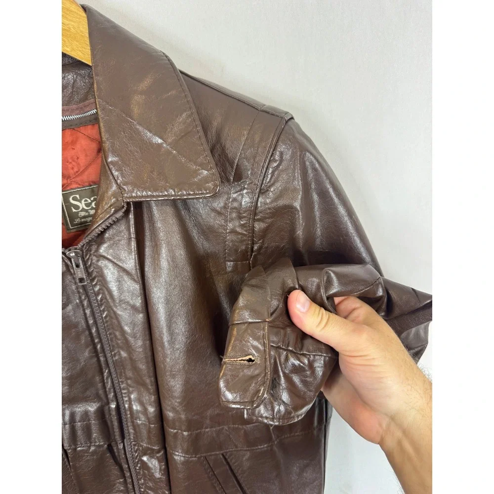 Vintage Sears Men 42 70s Brown Leather Bomber Jacket Quilted Lining CA00222